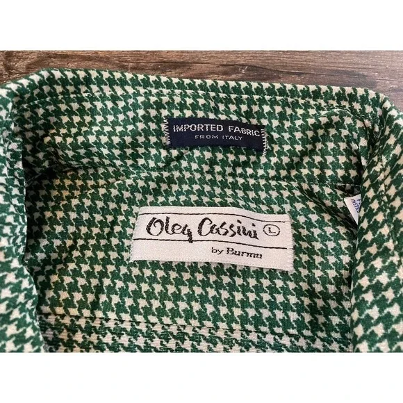 Vintage 70's Oleg Cassini by Burma Disco Shirt Nylon Green Houndstooth Men’s L - Picture 2 of 9